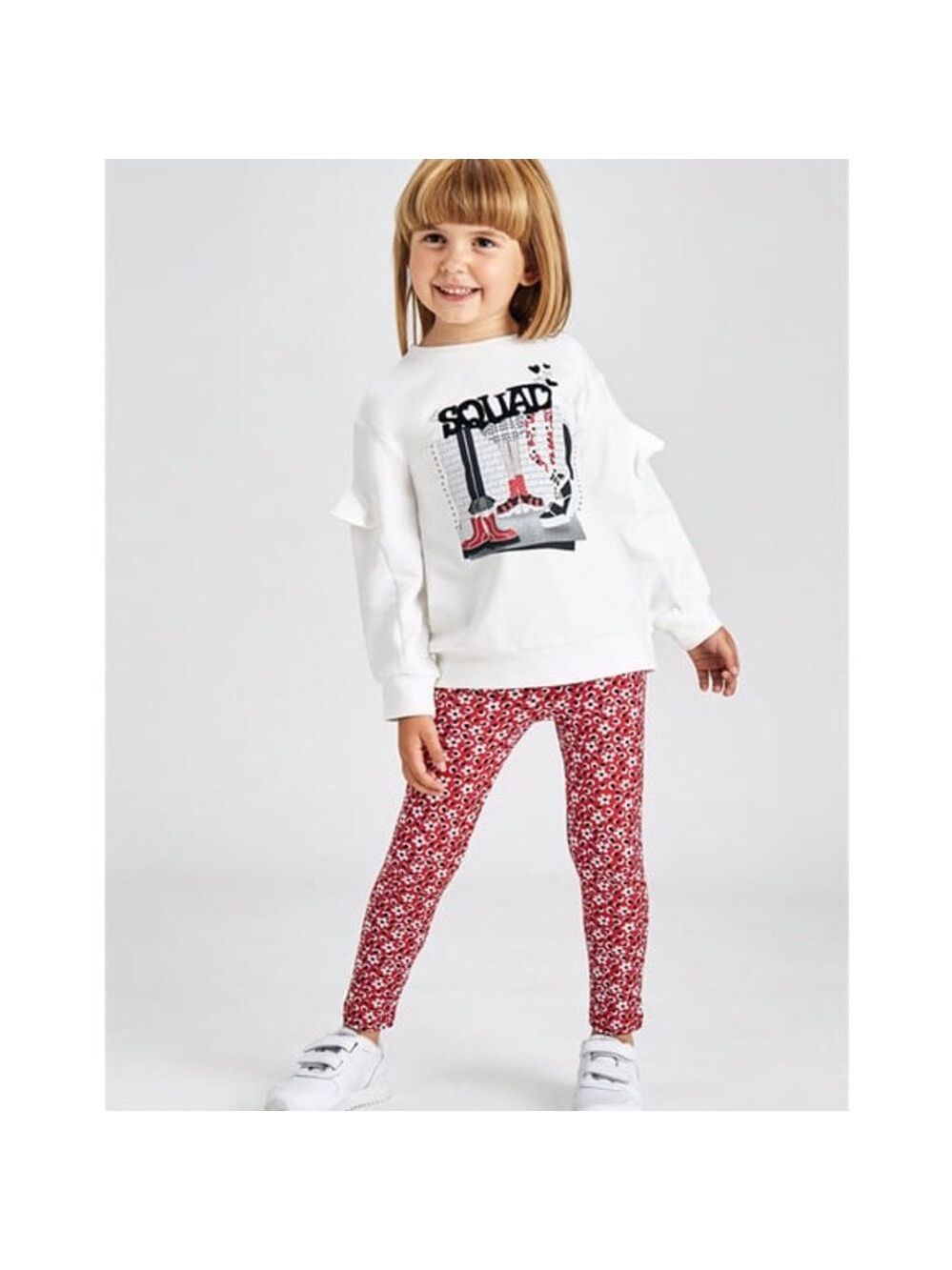 Size 8 Girls Mayoral Graphic White Top and Red Floral Leggings Set